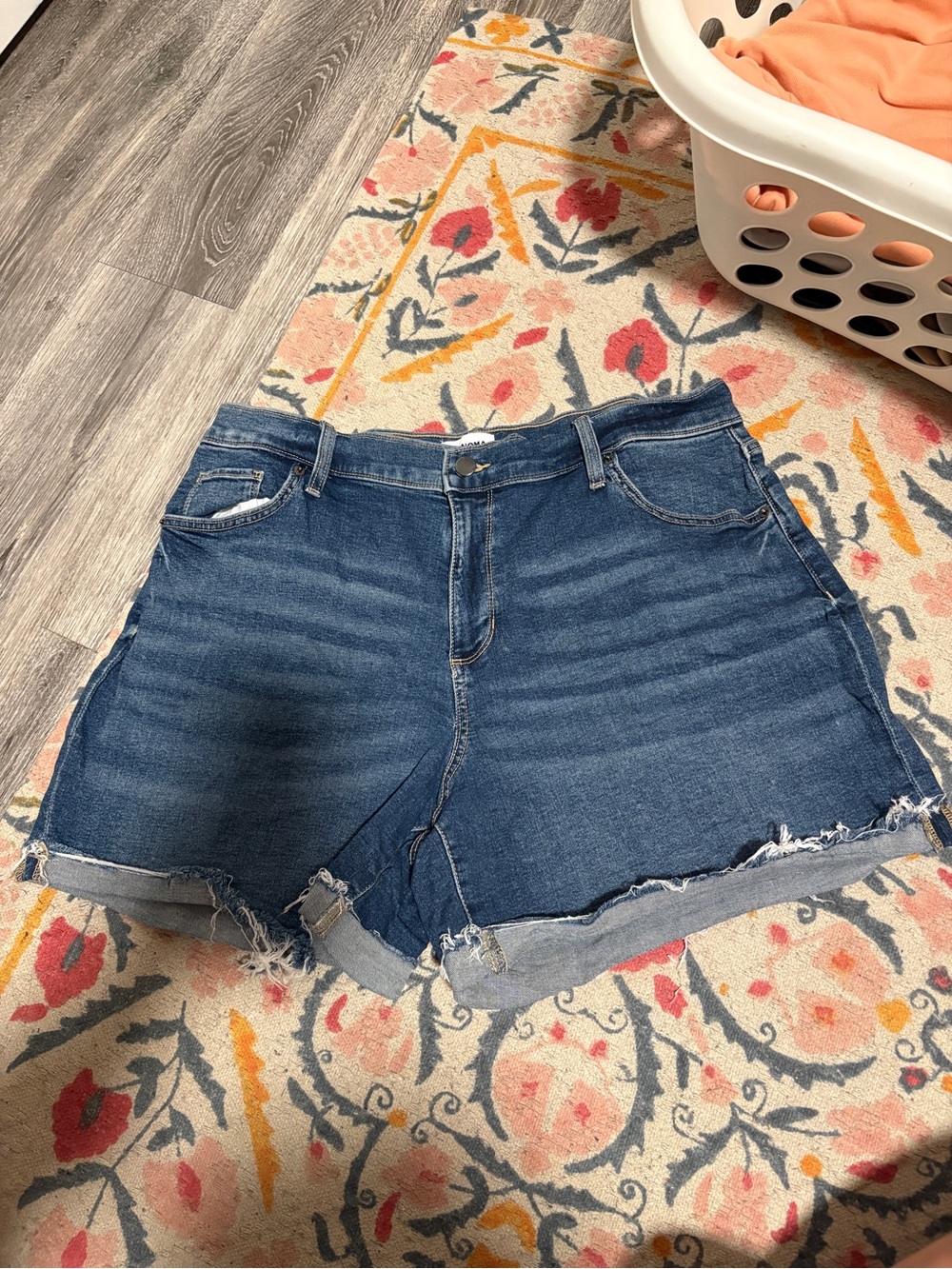 High-Rise Dark Blue Denim Cutoff Shorts with Frayed Hem